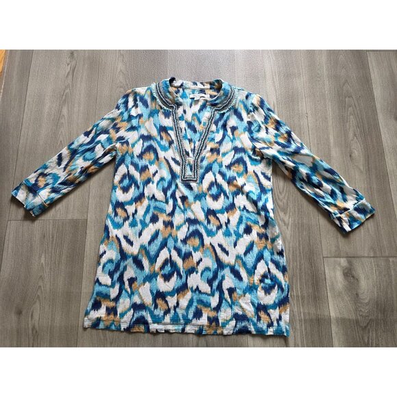 Chicos 3/4 Sleeve V-Neck Tunic Top OO/XS Blue Multicolor Ikat Pattern Beaded Tri - Picture 5 of 7